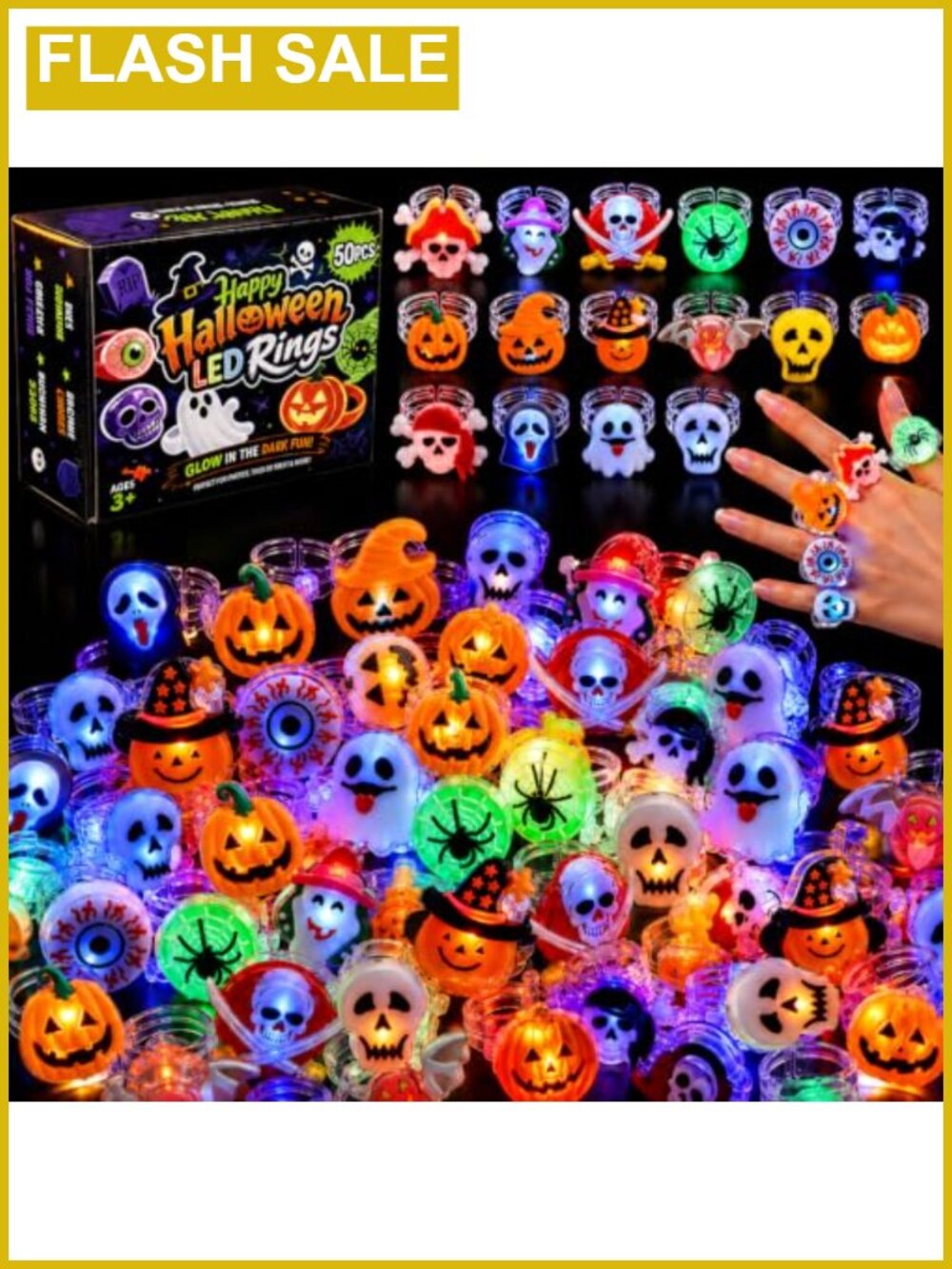 50 Pcs Halloween LED Light Up Rings Party Favors Resin Glow Rings